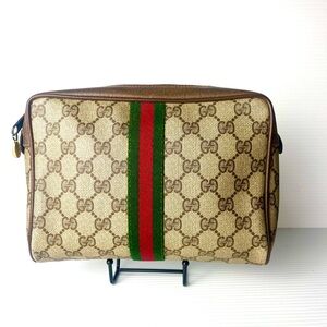 Gucci Beige and Brown Toiletry Bag with Red and Green Stripe